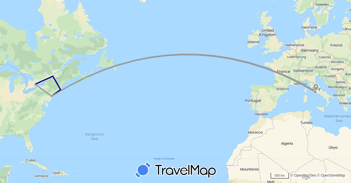 TravelMap itinerary: driving, plane in Canada, Italy, United States (Europe, North America)